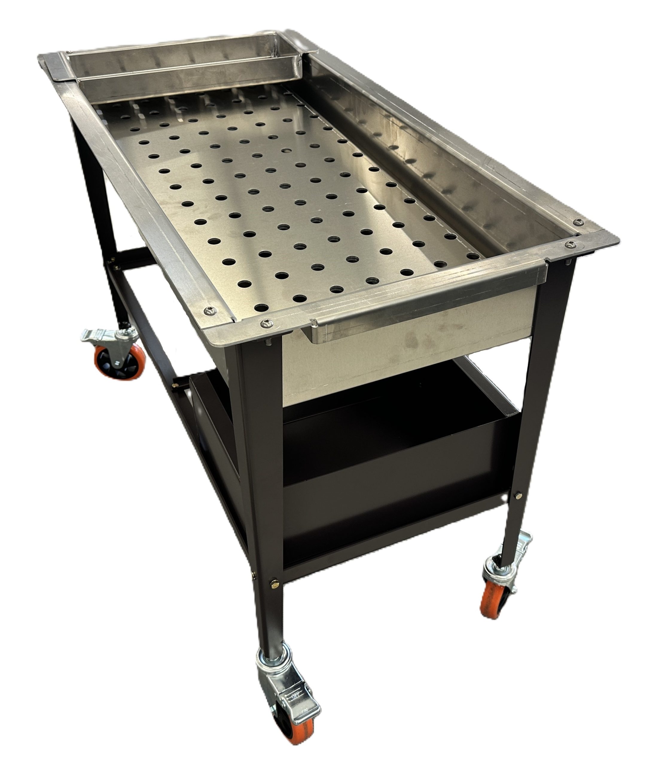 Stainless Steel Perforated Utility Cart With Wheels, Lower Shelf, And Drainage Tray For Industrial Or Workshop Use